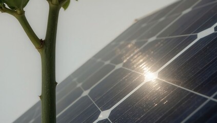 Renewable synergy: A tender plant stem juxtaposed with a gleaming solar panel harnesses the sun's energy.