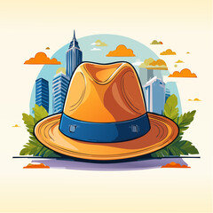 Orange Fedora Hat Against City Skyline Illustration