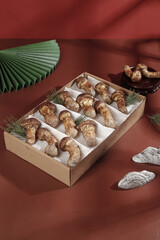 Premium Matsutake Mushrooms in Wooden Gift Box - Gourmet Food Presentation