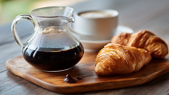 Delightful morning spread showcasing coffee, croissants, and artisanal chocolate