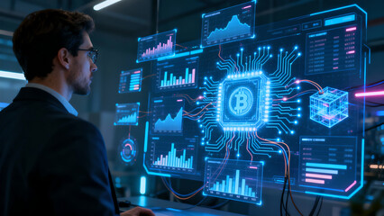 Digital cryptocurrency blockchain dashboard with hologram charts