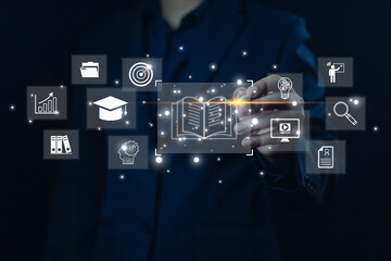 Digital learning concept with business person touching virtual icons of education, knowledge, e-learning, online training, innovation, and future technology for modern education. e-learning, online