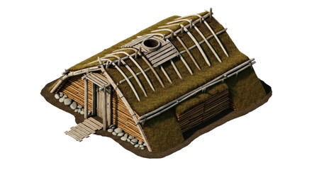 viking turf house authentic 3d model of norse coastal settlement, isolated on transparent background