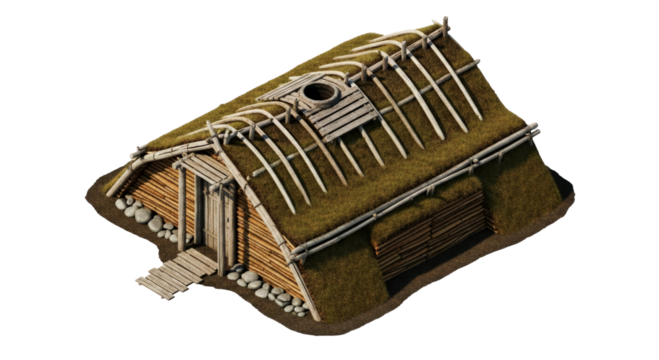 viking turf house authentic 3d model of norse coastal settlement, isolated on transparent background