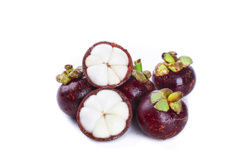 Fresh Mangosteen Fruit from Thailand with White Flesh Segments on White Background