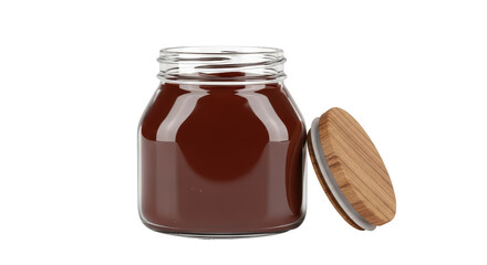 Isolated Glass Jar Filled with Brown Spreadable Sweet Cream and Wooden Lid, no reflections
