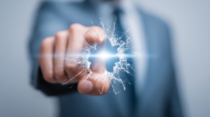 Shattered expectations, businessman in suit holds broken glass sphere, symbolizing lost dreams and fragile future