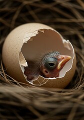 Newborn Bird in Broken Eggshell Brown Nest Close Up