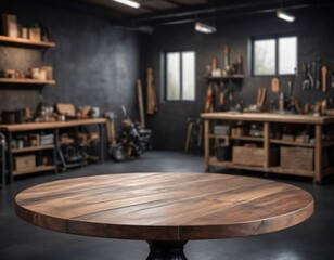 Carpentry workshop, clean empty round wooden table, dark background