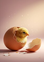 Cute Yellow Chick Hatching from Brown Egg on Light Background