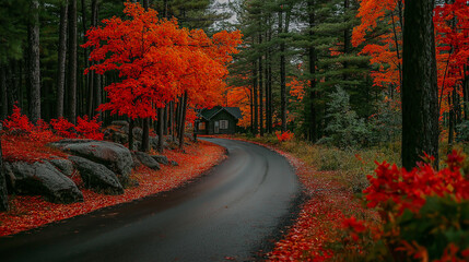 Winding Road Through Vibrant Autumn Forest Scene