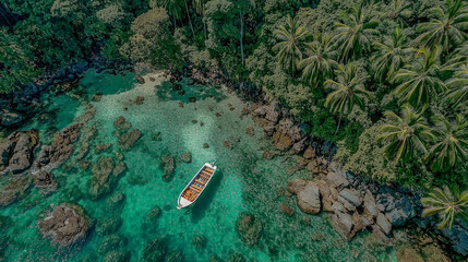 Aerial View of Tropical Boat in Turquoise Water