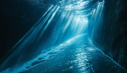Water hallway illuminated by luminous beams penetrating water
