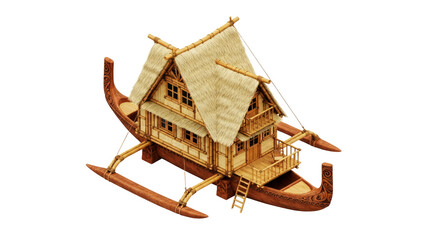 3d model polynesian floating house, idyllic island home on water, isolated on transparent background