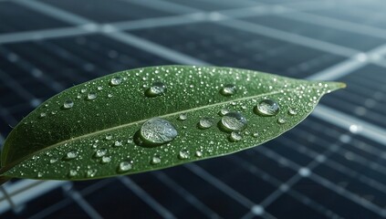 A green leaf adorned with sparkling water droplets rests upon the surface of a solar panel array.