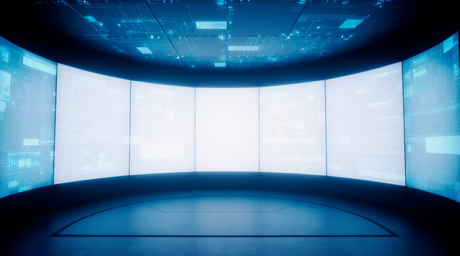 Futuristic control room with holographic data interfaces and glowing blue panels. Cinematic empty scene of advanced technology