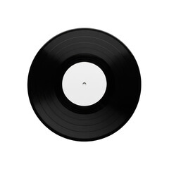 Close-up top view of a blank vinyl record with a white label and grooves