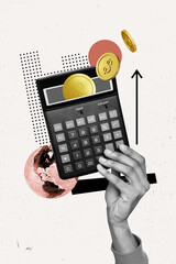 Trend artwork sketch design 3D collage of hand hold calculator earn coins arrow up world earth...