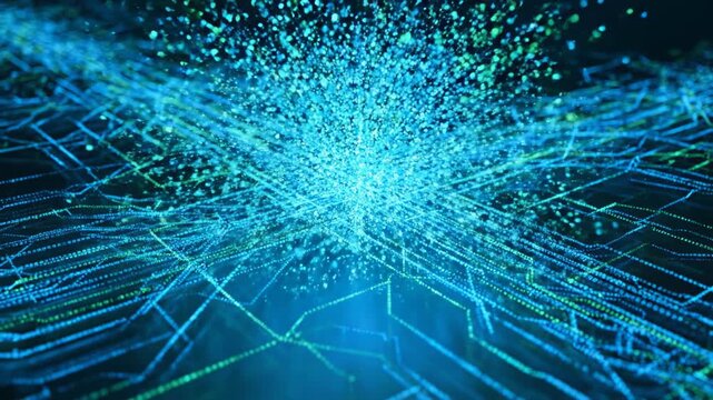 A seamlessly looping video of intricate digital data streams rapidly expanding and forming a cybernetic aura burst innovation, gradient, intricate digital data