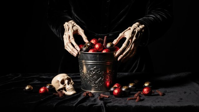 Elegant Skeletal Hands Arranging Dark Candy on Velvet Halloween