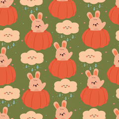 seamless pattern cute cartoon bunny inside autumn pumpkin with cloud character drawing