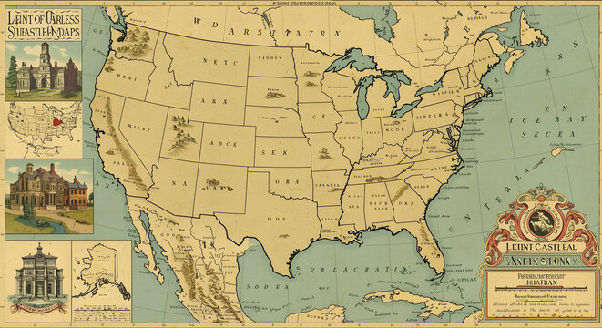 Vintage Style Map of the United States with Illustrated Landmarks