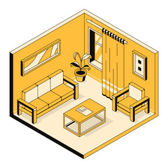 3d interior design of living room, furniture arrangement. Cozy room, home, hotel, flat, house, loft, hostel. Apartment template for design studio, architectural business. Vector isometric illustration
