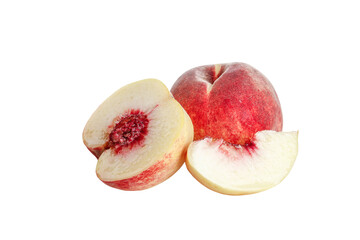 Fresh Shandong Peaches Whole and Sliced Golden Red Fruit from Qingzhou China White Background