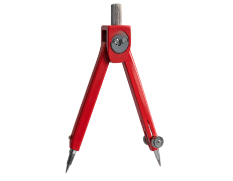 Hyper-realistic 8K PNG of a vibrant red metal school drawing compass standing upright 107911