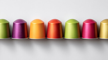 Colorful matte finish coffee capsules arranged in a neat row on a clean white background, vibrant and sharp product photography style, high detail, studio lighting