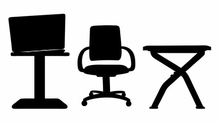 Silhouette illustration of a computer on a stand office chair and folding table against a white background