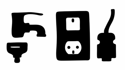 Illustration of a water faucet a drain plug an electrical outlet and a power cord against white backdrop