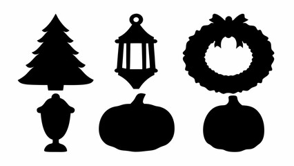 Fototapeta premium Silhouette of christmas tree, lantern, wreath, urn, and two pumpkins in black and white vector design