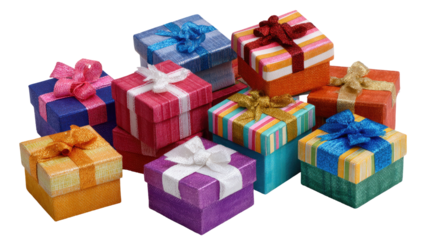 Colorful gift boxes, various patterns and ribbons