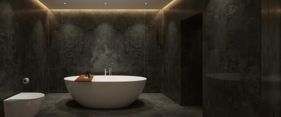 Modern bathroom featuring a sleek white bathtub against dark textured walls, enhanced by subtle lighting.