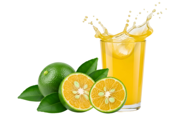 Vibrant citrus juice splashing from a glass, surrounded by fresh, whole and sliced calamansi fruits and lush green leaves against a stark black background.