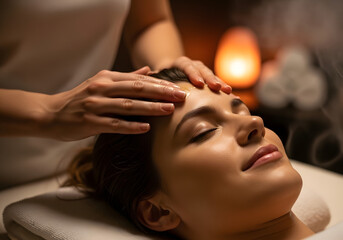 Fototapeta premium Young woman smiling and relaxing at a luxury spa hotel pool