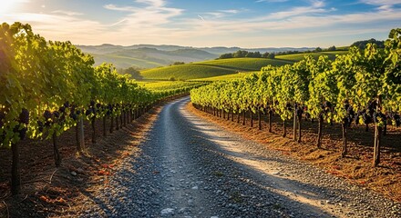 Naklejka premium Golden Hour Sunlight Illuminates a Winding Dirt Road Through Lush Vineyards Rolling Hills Countryside Landscape