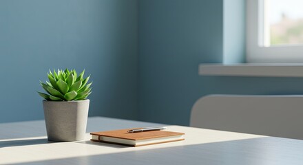 Green Succulent Plant on Desk with Notepad and Pen in Natural Light