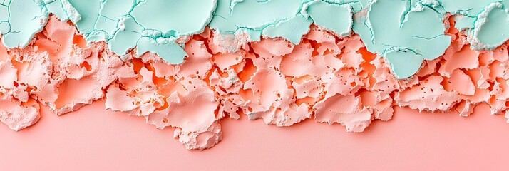 A vibrant close-up of peeling paint with mint green and soft pink layers, showcasing texture and color contrast.