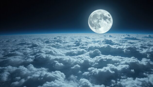 A bright full moon illuminates the night sky above a sea of fluffy clouds. The scene captures the tranquility and beauty of a moonlit night. - Powered by Adobe