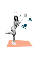Vertical photo collage of happy girl catch net wlan connection 5g network wifi speed summer hobby isolated on painted background