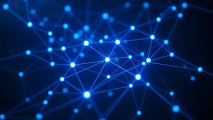 Abstract digital network visualization with glowing blue nodes and flowing connections on dark background.