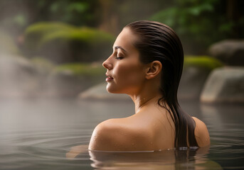 Young woman smiling and relaxing at a luxury spa hotel pool