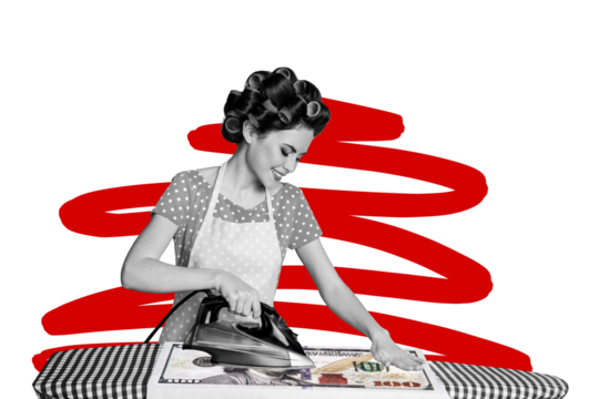 Composite trend artwork sketch photo collage of retro vintage picture obsolete style young woman housewife iron banknote earn money coins