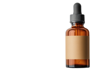 Amber Glass Bottle with Dropper: Minimalist shot of a sleek amber glass bottle, complete with a dropper, presenting a clean, modern aesthetic. Evoking themes of natural, care, and elegance.