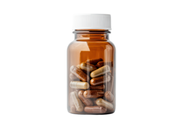 Health Remedy: A clear glass bottle, filled with capsules, stands in stark contrast against a solid color background, highlighting the importance of health and wellness.