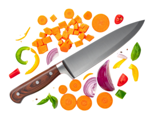 3D Chef’s Knife with Chopped Vegetables, Isolated on Transparent Background PNG