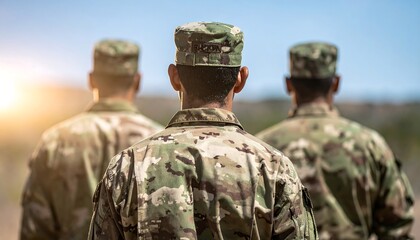 Veterans Day Tribute: Rear view of three soldiers standing outdoors in warm sunlight, a poignant tribute, conveying respect and gratitude.