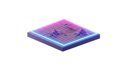 An abstract isometric digital landscape with glowing neon pink and blue grid lines, representing data visualization or a futuristic technological concept.
